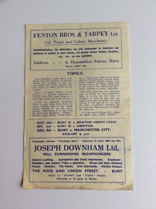 Bury V.  Liverpool Football Programme 1944 Rare 2