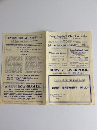 Bury V.  Liverpool Football Programme 1944 Rare 4