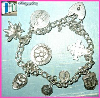 Vintage Solid Silver Christian 9 Charm Bracelet Heart Chain Lock 19.  4g Rare 9 "