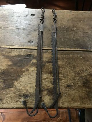 Rare Pair Early Antique Iron Trammel Loom Hanging Candle Holders Lights Aafa