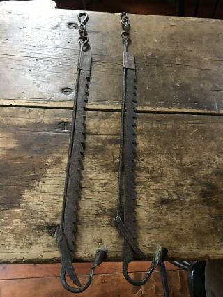 RARE PAIR Early Antique Iron Trammel Loom Hanging Candle Holders Lights AAFA 3
