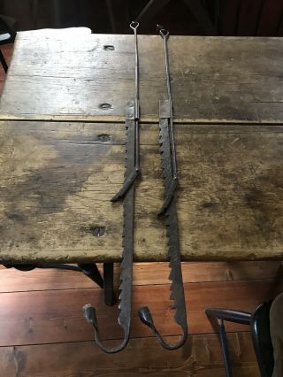 RARE PAIR Early Antique Iron Trammel Loom Hanging Candle Holders Lights AAFA 5