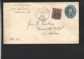 Vermillion,  So.  Dakota 1899.  Transatlantic To " South Africa ".  Backstamps Rare