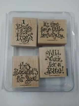 Stampin up Just Between Friends Wood rubber stamp set of 4 rare Halloween saying 3