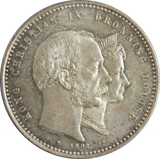 1892 Denmark 2 Kroner In Au/unc.  Rare (. 800 Silver) (154)