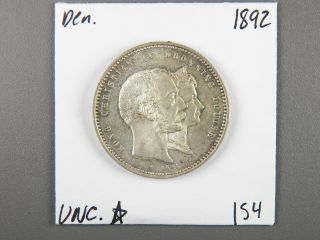 1892 Denmark 2 Kroner in AU/UNC.  RARE (. 800 SILVER) (154) 4