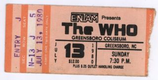 Rare The Who 7/13/80 Greensboro Nc Ticket Stub