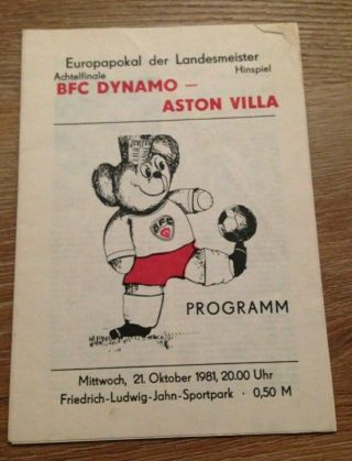 B.  F.  C Dynamo V Aston Villa - European Cup 2nd Rd,  1st Leg - 21/10/1981 - Rare