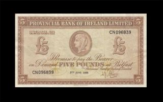 5.  6.  1956 Provincial Bank Of Ireland 5 Pounds Rare ( (ef))