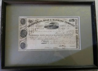 Rare Georgia Rail Road & Banking Company 1843 11 Shares Stock Certificate Framed