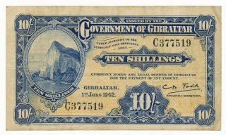 Gibraltar 10 Shillings 1942 P.  14 Fine Note - Rare