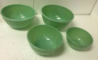 Rare Set Of 4 1940s Fire King Green Jadeite Swirl Nesting Bowls Ovenware