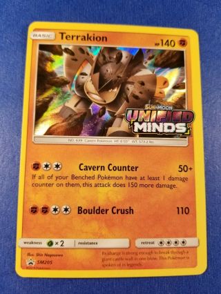 Terrakion Sm205 Unified Minds Set Holo Prerelease Promo Pokemon Card Near