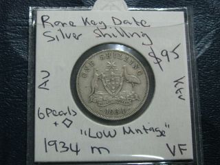 Australia 1934 M Silver Shilling Coin Kgv Low Mintage Rare Key Date Very F L81