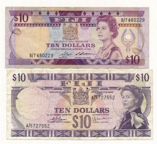 Fiji $10 Nd 1974 P.  74 /74c F (rare) & $10 Nd 1986 P.  84 /84a F,