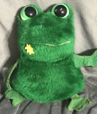 Vintage Frog Plush 10”sitting Green W/ Flower Fly Stuffed Animal Toy Gift Rare