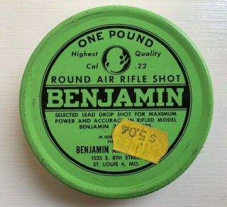Benjamin 1 Lb Round Air Rifle Shot.  22 Caliber Vintage Tin & Ammo Max Power Rare