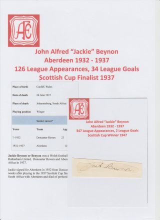 Jackie Beynon Aberdeen 1932 - 1937 Extremely Rare Hand Signed Cutting