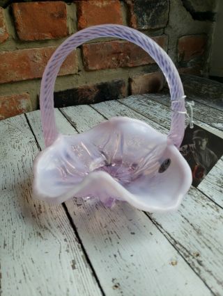 Rare Fenton Art Glass Basket Pink Opalescent Ruffled Rim Rose Tag And Sticker