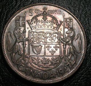 Rare Canada 1947 Straight 7 W/maple Leaf 50 Cent Silver Highgrade Beauty