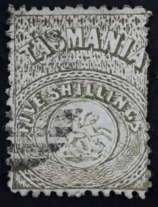 Rare 1863 Tasmania Australia 5/ - Sage Grn St George&dragon Stamp P12 Postally Usd