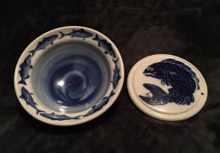 Chatham Pottery Rare Cobalt Blue Fish Patterns Bowl And Trivet Cape Cod Ma
