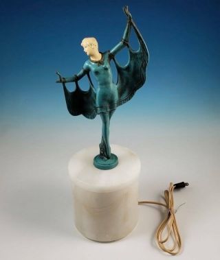 Rare Gerda Gerdago Art Deco Winged Dancer Lamp Alabaster Base Harlequin Pixie