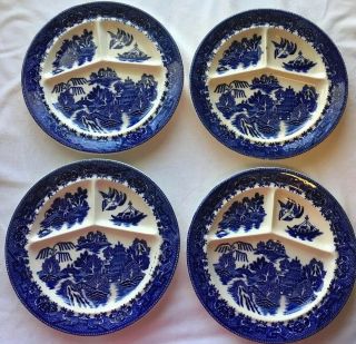 Rare Set Of 4 Blue Willow Grill Plates From Japan With 2 Figures On Bridge