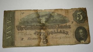 $5 1864 Richmond Virginia Va Confederate Currency Bank Note T69 Authentic Rare