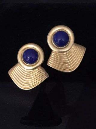 Rare Vintage Signed Ben - Amun Gold Blue Glass Modernist Runway Clip On Earrings