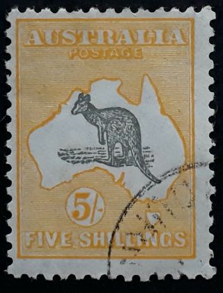 Rare 1929 - Australia 5/ - Grey&yellow Orange Kangaroo Stamp Smwmk Cto Full Gum