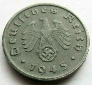 (284) Ultra Rare German 3rd Reich 1945 A - 1 Reichspfennig Wwii Coin