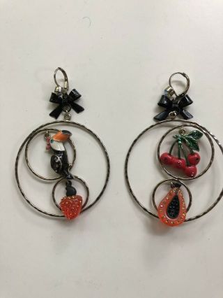 Betsey Johnson Rio Toucan Cherry Papaya Tropical Fruit Lucite Hoop Earrings Rare