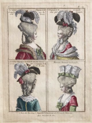 Rare 18th Century French Hand Colored Engraving,  Bonnets,  Coiffures,  Hats.  1776