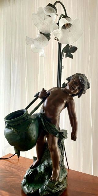 Rare Vintage Auguste Moreau " Water Bearer " Bronzed Sculpture Lamp