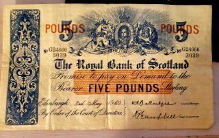 The Royal Bank Of Scotland 5 Pounds 1960 Rare G24666/3039