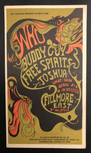 The Who Buddy Guy 1968 Fillmore East Handbill Aor 2.  91 Bill Graham Rare