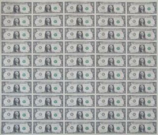 Uncut Us Currency Sheet 50 X $1 Bill Dollar Federal Reserve Notes - - Rare
