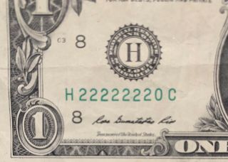 2013 H Series $1 One Dollar Bill Fancy Binary Near Solid 7 Of A Kind Rare Note