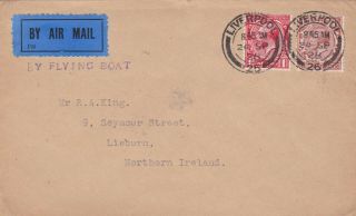 Rare 1928 Kgv Flying Boat First Flight Cover Liverpool To Northern Ireland 57