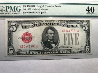 1928d $5 Red Seal Legal Tender Note - Pmg Graded Ef40 - " Key Date " Rare