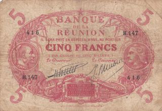 5 Francs Vg Banknote From French Reunion 1938 Pick - 14 Rare