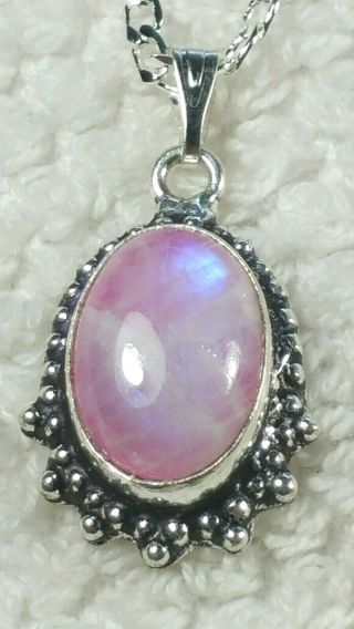 29 Mm Rare Pink Moonstone Sterling Silver Pendant Necklace 18 "