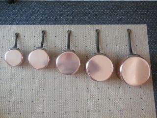 Rare Set Of 5 Antique French Thick Copper Pans Signed " Pierre Vergnes  Durfort "