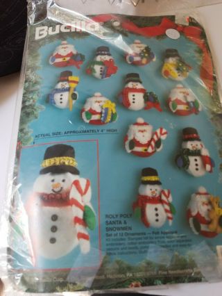 Bucilla Roly Poly Santa & Snowmen 12 Pce Felt Christmas Ornament Kit 1994 Rare