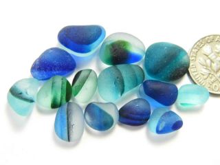 14 Multi Xs - M Banded Blue Green Aqua 11gjq Rare Seaham English Sea Glass