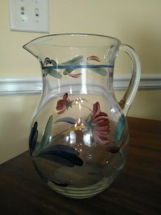 Rare Lenox " Poppies On Blue " Glass Serving Pitcher,  7.  5 ",  Hand Painted Flowers