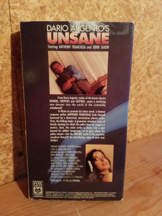 Unsane Dario Argento RARE VHS Tenebrae horror suspiria PLAYS GREAT 3