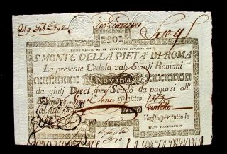 1797 Vatican Italy Rare Banknote 90 Scudi Monte Pietà Unc