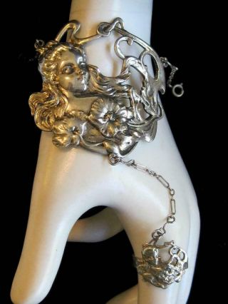 Rare Vintage Art Nouveau Silver Plate Lady Hand Ring Bracelet Chain